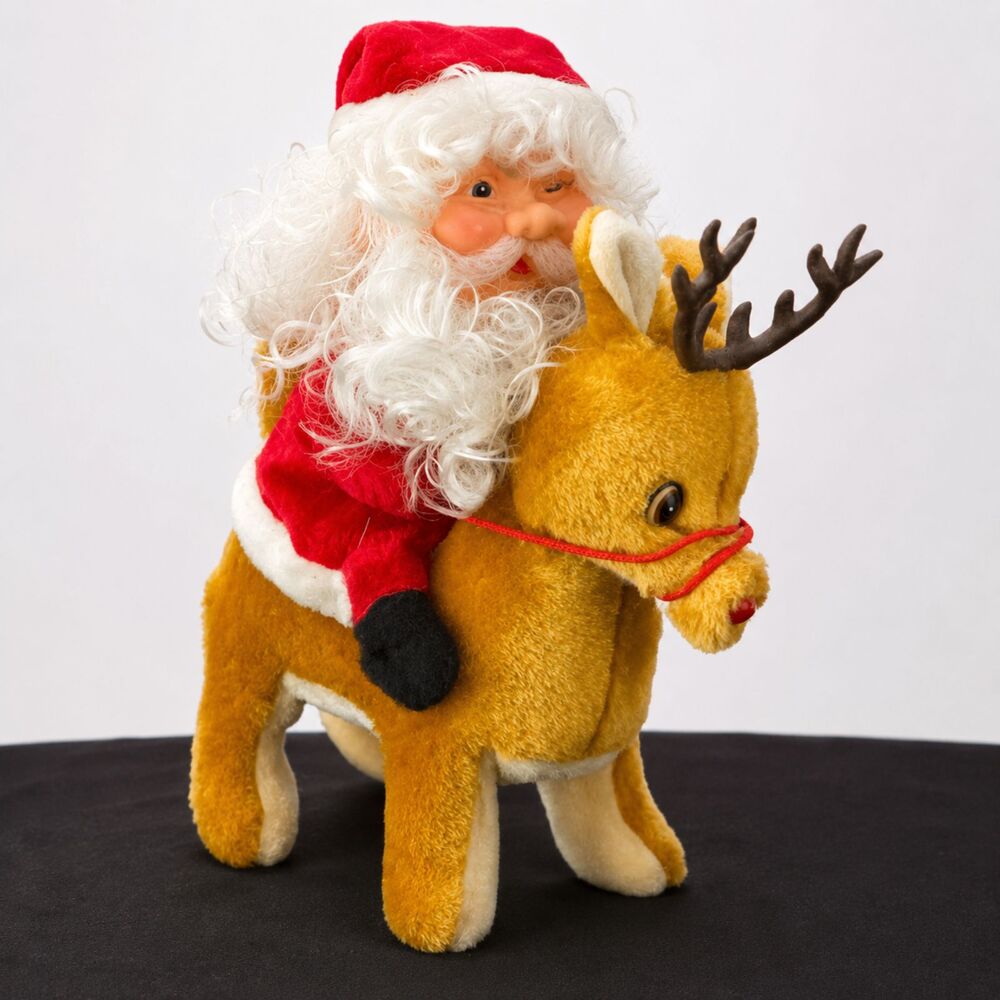 Vintage 1985 Orlando Yeh Santa Riding Reindeer Plush Non Working Decor